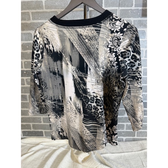 Canadian Graffiti Womens Medium Mixed Print Zip Front 3/4 Sleeve Top Black Gray - Picture 2 of 5